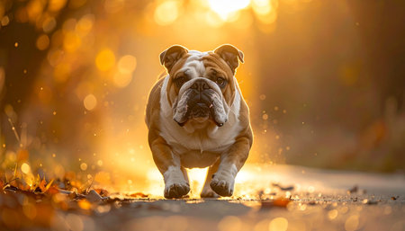 Bathed in the warm glow of a setting sun, a majestic English Bulldog takes a determined stroll down an autumn path. The golden hour light creates a cinematic bokeh, capturing a moment of quiet strength and peaceful companionship.の素材