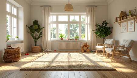 Sunlight streams through the large window, casting long, warm shadows across the polished hardwood floor of this tranquil, empty room. Potted plants add a touch of life, creating a serene and hopeful atmosphere perfect for new beginnings, mindfulness, or showcasing a beautiful home.の素材