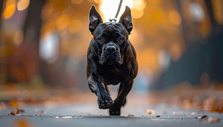 A majestic black Cane Corso with a focused gaze strides purposefully down a path littered with autumn leaves. The warm, golden light creates a beautiful bokeh effect in the background, highlighting the dogs powerful and loyal nature.の素材