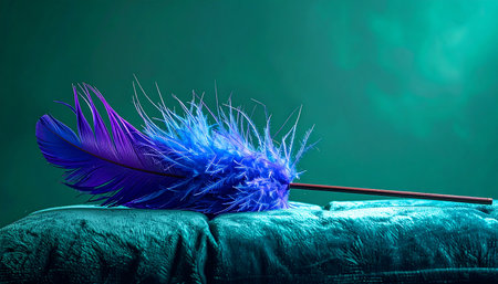 In a quiet, opulent room, a vibrant blue and purple feather duster rests upon a plush green velvet cushion. The rich textures and deep colors create a scene of quiet luxury and sensual elegance, hinting at a moment of stillness and intimacy.の素材