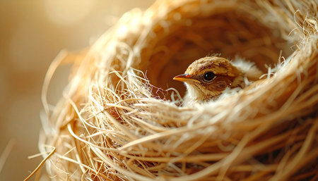A tiny, vulnerable chick peeks out from the safety of its intricately woven nest. Bathed in the warm, golden light of a new day, it awaits the return of its mother, a symbol of new beginnings, hope, and the delicate beauty of nature.の素材