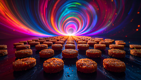 Rows of identical food products travel on an unseen conveyor belt, moving from the foreground into the infinite maw of a swirling, psychedelic light vortex. This abstract concept represents the future of food production, automation, and the journey of data in a vibrant, high-tech world.の素材