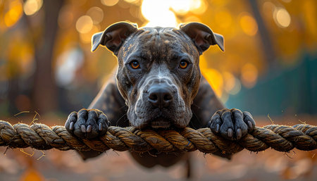 A powerful brindle pitbull rests its chin on a thick rope, its intense gaze fixed forward. Bathed in the warm, golden light of an autumn sunset, the dog exudes a quiet strength and unwavering determination, a loyal guardian contemplating the path ahead.の素材