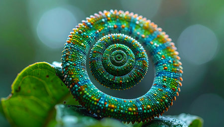 A stunning macro photograph captures the intricate perfection of a chameleons tail curled into a hypnotic spiral. The vibrant, jewel-toned scales create a mesmerizing pattern, showcasing the breathtaking beauty and complex design found in natures smallest details.の素材