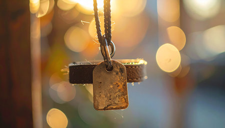 A close-up of a weathered cross pendant hanging against a backdrop of warm, glowing bokeh lights. The soft, golden illumination creates a serene and contemplative atmosphere, evoking feelings of faith, memory, and quiet reflection in the evening.の素材