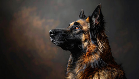 A stunning studio portrait of a noble German Shepherd, captured in a regal profile against a dark, textured background. The dogs alert expression and dignified posture convey a sense of loyalty, intelligence, and quiet strength, making it a powerful symbol of companionship and protection.の素材