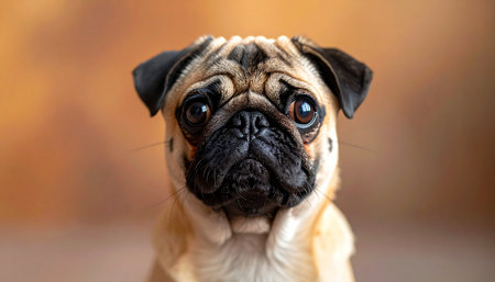 A close-up portrait of an adorable pug with a soulful and endearing expression. Its big, dark eyes and wrinkled face convey a sense of gentle curiosity and companionship, set against a warm, soft-focus background.の素材