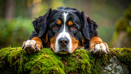 A beautiful Bernese Mountain Dog rests its head on a vibrant green, moss-covered log in a tranquil forest. With a soulful and gentle gaze, this loyal companion looks directly into the camera, conveying a sense of peace, loyalty, and deep connection with nature.の素材