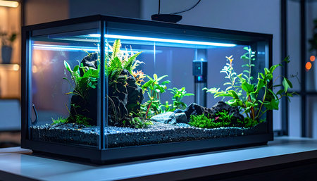A beautifully designed modern aquascape sits on a wooden table, its interior glowing under a cool LED light. The carefully arranged aquatic plants and rocks create a miniature underwater ecosystem, offering a moment of peace and tranquility within a contemporary home or office.の素材