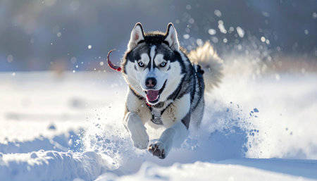 A powerful Siberian Husky with striking blue eyes joyfully bounds through deep, fresh powder on a bright winter day. Its energetic spirit and love for the cold are palpable as it kicks up a spray of snow, capturing a moment of pure, untamed freedom and exhilaration.の素材