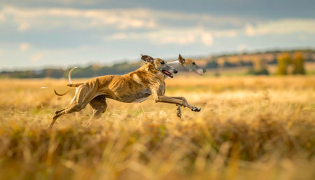 Two graceful greyhounds stretch out in a powerful sprint, their paws barely touching the ground as they race across a sun-drenched golden meadow. This image captures a moment of pure joy, speed, and the untamed spirit of dogs running free in nature.の素材