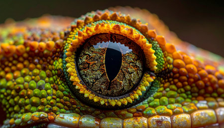 Peer into the soul of a wild creature with this extreme close-up of a reptilian eye. Every scale and fleck of color tells a story of evolution and adaptation, a vibrant mosaic of natures perfect, mysterious design.の素材