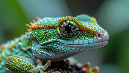 In a stunning macro view, a vibrant gecko pauses, its jewel-like eye reflecting the lush, green world around it. This close-up reveals the intricate texture and iridescent colors of its scales, a testament to natures detailed artistry and the quiet intensity of wildlife.の素材