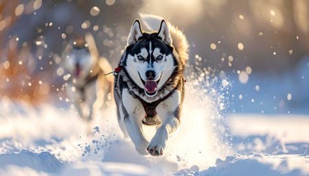A powerful Siberian Husky with intense eyes dashes through deep, powdery snow, kicking up a spray of glittering flakes. Bathed in the warm glow of a low sun, this energetic sled dog embodies the spirit of winter adventure and untamed joy.の素材