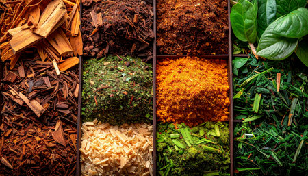 A colorful and aromatic journey through the world of tea and herbal infusions. This top-down view showcases a diverse assortment of dried leaves, vibrant herbs, and exotic fruit pieces, each compartment offering a unique flavor and wellness benefit. Its a celebration of natural ingredients, perfect for concepts of health, relaxation, and artisanal blending.の素材