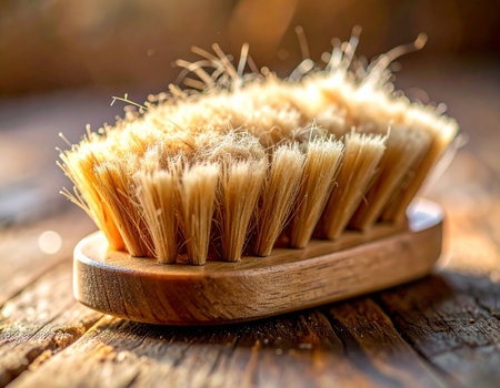 A well-loved natural bristle brush rests on a rustic wooden table, bathed in the warm glow of morning sunlight. Its worn bristles tell a story of daily rituals, self-care, and simple, sustainable living.の素材