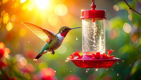 A tiny, iridescent hummingbird hovers gracefully in the warm glow of the golden hour, sipping sweet nectar from a garden feeder. This magical moment captures the serene beauty and vibrant energy of wildlife in a peaceful backyard sanctuary.の素材