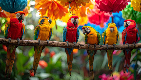 In a burst of tropical color, a lively flock of macaws gathers on a branch. Their vibrant plumage creates a stunning visual against a festive, blurred background, suggesting a cheerful celebration of natures beauty and community.の素材