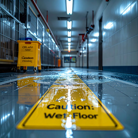 A low-angle shot captures a freshly mopped floor in an empty industrial corridor, its wet surface reflecting the overhead lights. A bright yellow Caution - Wet Floor sign stands as a stark reminder of workplace safety, risk management, and accident prevention.の素材