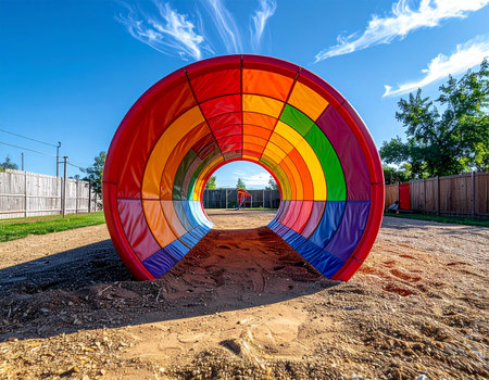 A view from inside a colorful rainbow tunnel on a playground, creating a perfect circular frame for the bright blue sky ahead. This image evokes feelings of childhood fun, adventure, and optimistic journeys toward a bright future.の素材