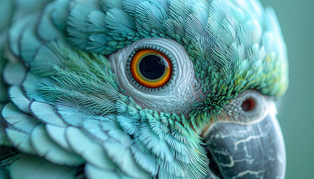 An extreme macro photograph capturing the intense and intelligent gaze of a blue macaw. The intricate details of the vibrant turquoise feathers and the fiery orange iris reveal a world of wild beauty and focused perception.の素材
