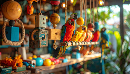 A vibrant collection of handcrafted wooden parrot souvenirs sits on a shelf in a bustling local market. The warm, inviting light highlights the intricate details and bright colors, evoking the charm and authenticity of a tropical travel destination and the perfect keepsake to remember an adventure.の素材
