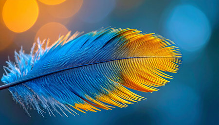 A single, vibrant feather, painted in brilliant shades of blue and gold, floats delicately against a dreamy backdrop of glowing bokeh lights. This macro shot captures the intricate details and soft texture, evoking a sense of wonder, lightness, and natural beauty.の素材