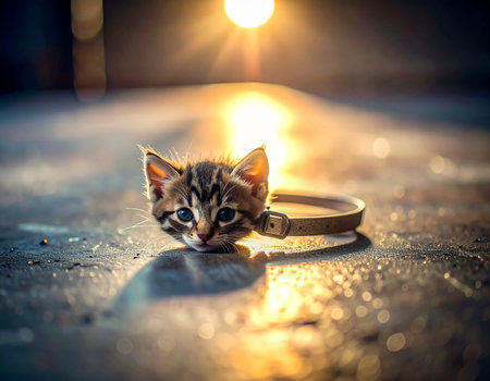 In the warm, fading light of a golden hour sunset, a tiny, vulnerable tabby kittens head rests on the cool asphalt of a lonely street. Beside it lies a collar, too large for its small frame, hinting at a story of being lost or left behind. The poignant scene evokes a powerful sense of loneliness, innocence, and the quiet hope for rescue.の素材