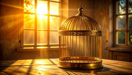 An empty golden birdcage sits on a rustic wooden table, bathed in the warm, hopeful glow of morning sunlight streaming through a window. The scene evokes a story of freedom, release, and new beginnings, leaving a sense of peaceful solitude and quiet contemplation.の素材
