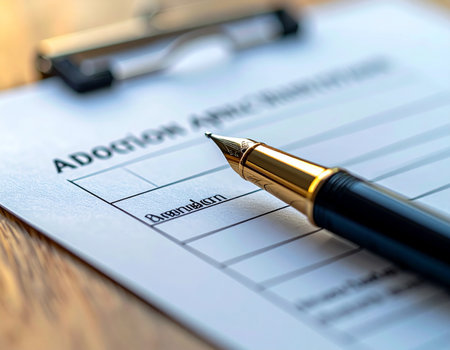 A close-up of a fountain pen resting on an adoption application, poised for a signature. This image captures the profound and hopeful moment of making a life-changing commitment to start or grow a family, symbolizing the beginning of a new journey.の素材