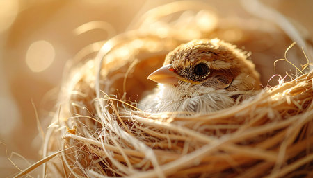 A tiny fledgling nestles securely in its woven home, bathed in the soft, golden light of a new morning. This close-up captures a moment of quiet anticipation and the delicate beauty of new life in nature.の素材