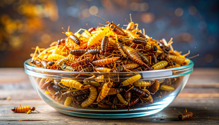 A glass bowl brimming with a colorful mix of fried insects, showcasing a sustainable and high-protein food source for the future. This image captures the growing trend of entomophagy, presenting an alternative culinary adventure on a rustic wooden table.の素材