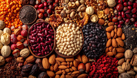 A vibrant tapestry of natures bounty, this collection of legumes, nuts, and seeds represents the foundation of a healthy, plant-powered lifestyle. Each bowl and scattered handful tells a story of nourishment, energy, and wholesome goodness.の素材