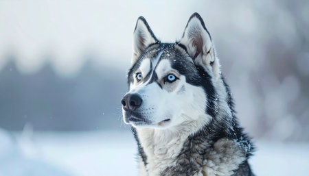 A majestic Siberian Husky with striking blue eyes stands alert in a serene, snowy landscape. Its focused gaze hints at the wild spirit and endurance of its breed, embodying a sense of noble solitude and adventure in the cold winter wilderness.の素材