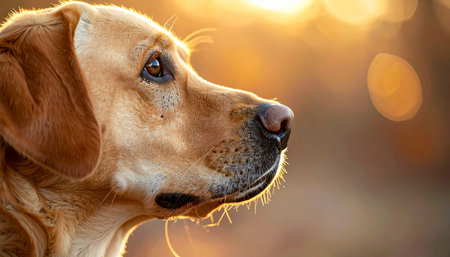 A beautiful golden retriever is seen in profile, its face bathed in the warm, soft glow of the setting sun. The contemplative and serene expression captures a moment of quiet reflection, symbolizing loyalty, companionship, and the peaceful end to a perfect day.の素材