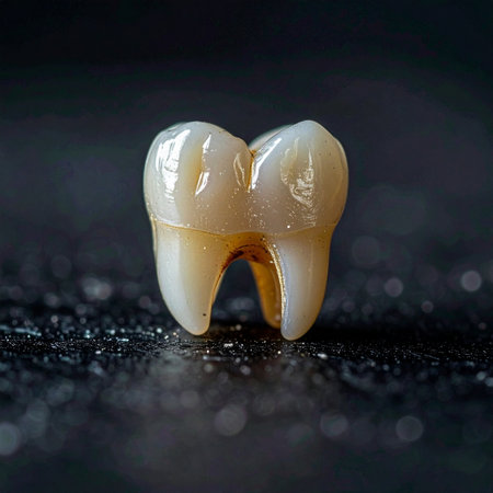 A detailed macro photograph captures the intricate anatomy of a single human molar. Set against a dark, textured background, the focused lighting reveals the subtle colors, glossy enamel, and complex structure, ideal for dental, medical, or scientific concepts.の素材