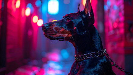 A loyal Doberman stands guard on a city street, its powerful silhouette defined by the vibrant glow of futuristic neon signs. This vigilant companion is a symbol of protection and loyalty in a bustling, high-tech metropolis.の素材
