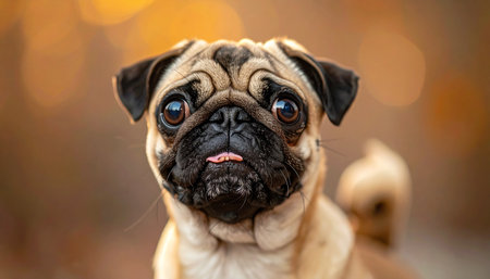 A close-up portrait of an adorable pug dog looking directly into the camera with its large, soulful eyes. The soft, warm light of an autumn afternoon highlights its wrinkled face and curious expression, creating a heartwarming and charming scene.の素材