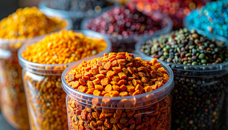 A vibrant rainbow of assorted dry legumes, lentils, and pulses are neatly organized in clear jars. This close-up shot highlights the rich textures and colors, evoking a sense of a well-stocked pantry, healthy eating, and the potential for delicious, nutritious home-cooked meals.の素材