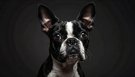 A classic and elegant studio portrait of a purebred Boston Terrier. With an intense and attentive gaze directed at the camera, this noble companions personality shines through against a simple, dark background. The image captures a sense of loyalty, intelligence, and quiet dignity.の素材