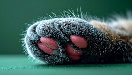A detailed macro shot captures the delicate pink pads, or toe beans, of a cats paw. Resting peacefully against a calm green background, the image evokes a sense of comfort, trust, and the quiet joy of domestic companionship.の素材