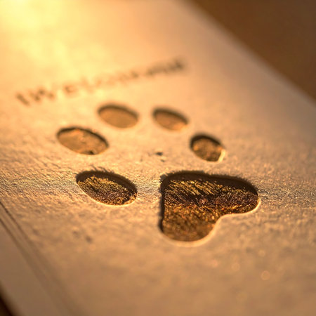 A single paw print is carefully carved into a wooden surface, creating a lasting tribute to a beloved pet. The warm, golden light illuminates the impression, evoking a sense of love, memory, and the enduring bond between a person and their animal companion. This image is a heartfelt symbol of remembrance and loyalty.の素材