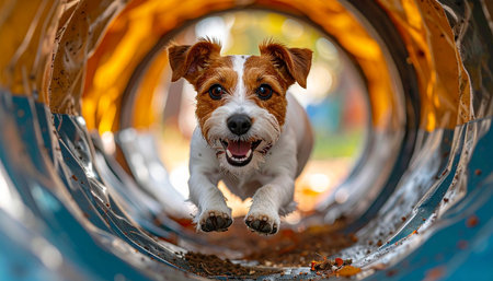 With boundless energy and a joyful expression, a determined Jack Russell Terrier bursts through an agility training tunnel. This action shot captures the speed, focus, and pure fun of canine sports and active pet lifestyles.の素材