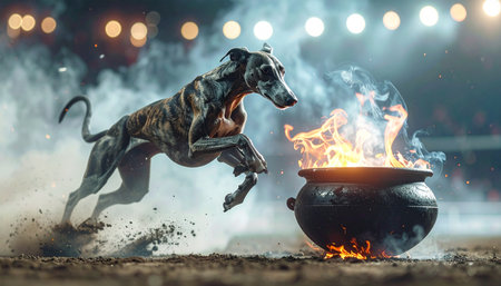 In a dramatic stadium illuminated by bright lights, a powerful brindle greyhound makes a heroic leap over a flaming cauldron. This epic scene captures a moment of supreme athleticism and courage, symbolizing the overcoming of immense challenges and a trial by fire.の素材