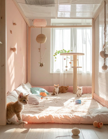 In a beautifully designed, sun-drenched pink playroom, several contented cats enjoy their own personal paradise. One curious kitten sits in the foreground, bathed in the warm morning light, while its companions rest and play amongst custom-built furniture and toys. This serene scene captures the essence of modern pet care, comfort, and a loving home.の素材