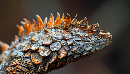 A detailed macro view captures the intricate, armor-like scales and spiky crest of a prehistoric-looking iguana. Each scale tells a story of survival and evolution, resembling the rugged, volcanic landscapes it calls home.の素材