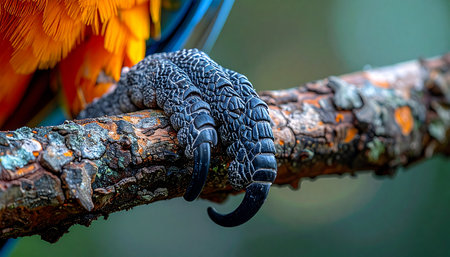 A detailed macro shot captures the immense strength and intricate texture of a parrots scaly claw. The sharp talons grip firmly onto a rustic tree branch, showcasing a powerful connection to its natural habitat and the raw beauty of wildlife.の素材