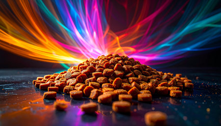 A pile of premium dry pet food, packed with advanced nutrients, sits at the center of a dynamic explosion of colorful light and energy. This abstract concept represents the vitality, health, and superior ingredients found in modern pet nutrition, offering a feast for the senses and a boost of wellness for beloved companions.の素材