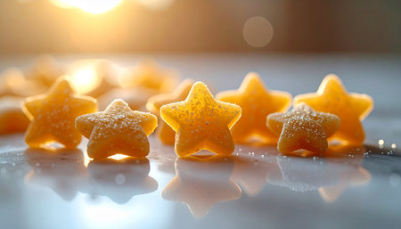 A macro shot captures tiny, star-shaped pasta scattered across a reflective surface. Bathed in the warm, golden glow of a setting sun, they seem to sparkle with a magical light, evoking feelings of achievement, wishes coming true, and the cozy comfort of a home-cooked meal.の素材