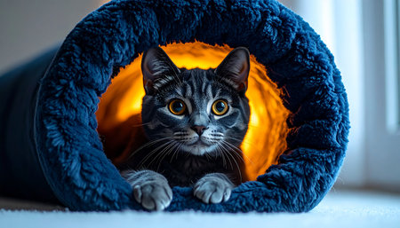 A curious grey tabby cat with striking eyes peeks out from its cozy, dark blue tunnel bed. The warm, glowing orange interior creates a safe and inviting hideaway, highlighting the cats playful and inquisitive nature in a comfortable home environment.の素材